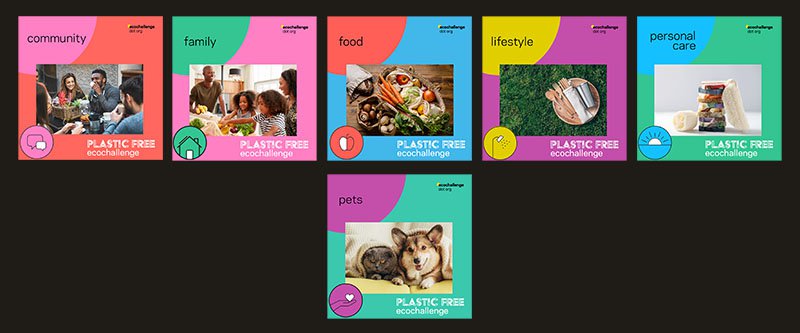 A grid of Plastic Free Ecochallenge action category graphics for download