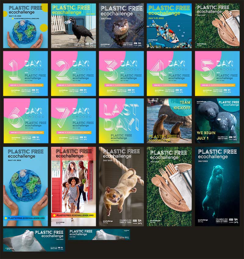 A grid of Plastic Free Ecochallenge social media graphics for download
