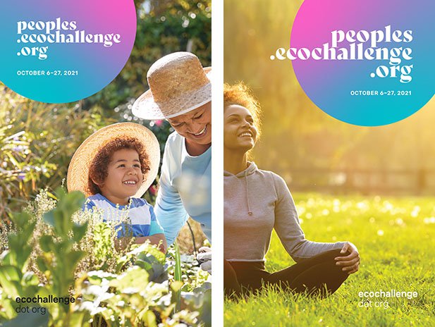 Two posters for People's Ecochallenge featuring a grandparent and child gardening, and a person crosslegged in a field of grass